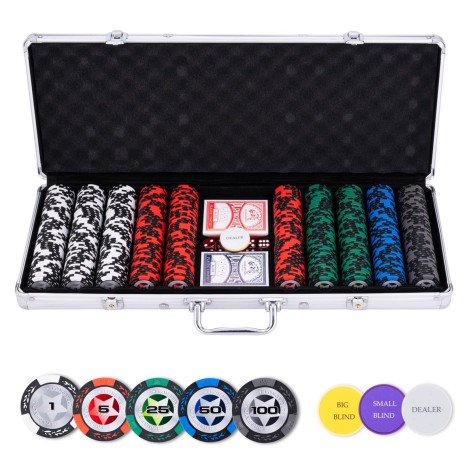Pokerio rinkinys sidabrinės spalvos dėkle, 500 žetonų, 14g su vertėmis