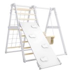 Daugiafunkcis medinis sporto kompleksas vaikams SANRO R-WOOD su čiuožykla/laipiojimo lenta, baltas, 108,5x109x96cm, iki 50kg