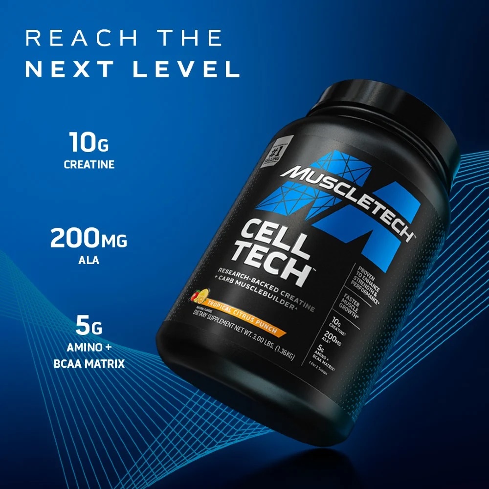 Muscletech Cell-Tech 1.13 kg, 1.4 kg ir 2.8 kg pakuotėse